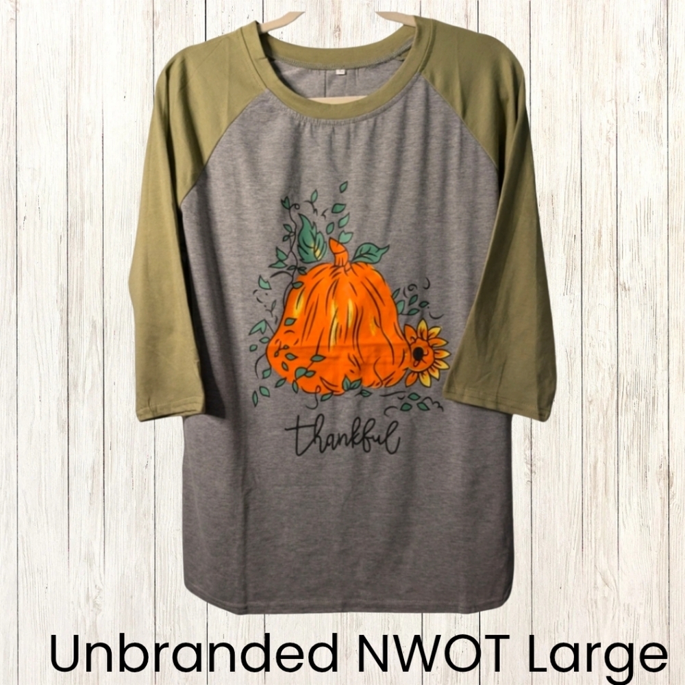 Unbranded Large Thankful Baseball Style Tee 3/4 Sleeve NWOT